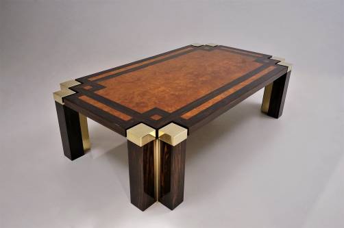 Jean Claude Mahey coffee table, burl walnut, coromandel & brass